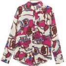 Lady Floral Long Sleeve Turn Down Collar Chiffon Blouse