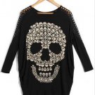 Black Bat Long Sleeve Skull Print Casual T-Shirt