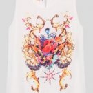 Pattern Print Sleeveless Round Collar White Vest