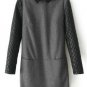 Women Gray Peter Pan Collar Pu Stitching Woolen Dress