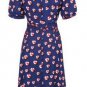 Women Floral Printing Pleated Dark Blue Puff Sleeve V-Neck Dress