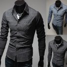 Mens Grid Stitching Shirt Fashion Color Casual Long-sleeve Shirt