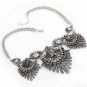 Vintage Punk Ancient Silver Feathers Crystal Pendant Chunky Necklace