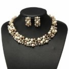 Gold Plated Pearl Crystal Necklace Earrings Wedding Jewelry Set