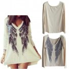 Long Sleeve Feather Angel Wing Printed Sweater V Neck Shirts Blouse