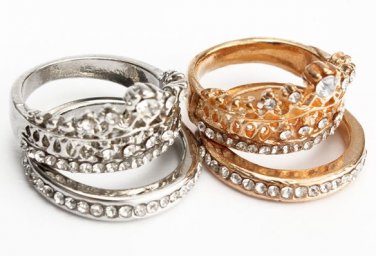 2Pcs Elegant Gold Silver Crystal Rhinestone Crown Rings For Women