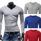 Mens Solid Color Casual Button V-neck Long Sleeve T-shirt