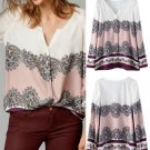 Boho Vintage Women Floral Print V Neck Casual Blouse Loose Long Raglan Sleeve Shirt