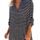 Women Beach Casual Loose Long Button Turn Down Collar Striped Shirt Blouse Tops