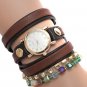 PU Leather Wrap Strap Rhinestone Bracelet Quartz Watch