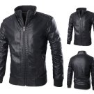 Mens Lining Black Motorcycle Washing PU Leather Jacket Stand Collar Slim Coat