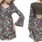 Women Vintage Floral Printed Back Lace Splicing Flare Sleeve Mini Dress
