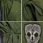 Unisex Loose Army Green Skull Belted Hooded Windbreaker