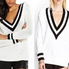 Autumn Stripe Cuff Rib Knitting V-neck Deep Preppy Pullover