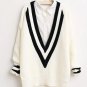 Autumn Stripe Cuff Rib Knitting V-neck Deep Preppy Pullover