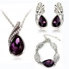 Teardrop Crystal Necklace Earrings Bracelet Jewelry Set Purple 3pcs