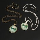 Bronze Silver Dragonfly Glass Cabochon Pendant Chain Necklace