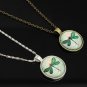 Bronze Silver Dragonfly Glass Cabochon Pendant Chain Necklace