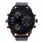 Big Dial 2 Time Zone Men Military Quartz Sport Leather Band Wrist Watch