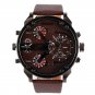 Big Dial 2 Time Zone Men Military Quartz Sport Leather Band Wrist Watch
