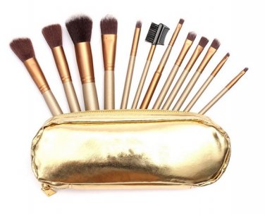 Professional Golden Makeup Brushes Set Eyebrow Shadow Brush with Leather 12Pcs