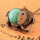 Vintage Turquoise Rhinestone Elephant Pendant Necklace Long Chain
