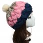 Female Knitted Flat Rabbit Fur Ball Beanie Hat Adjustable Elastic Beret Cap
