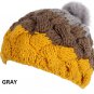 Female Knitted Flat Rabbit Fur Ball Beanie Hat Adjustable Elastic Beret Cap