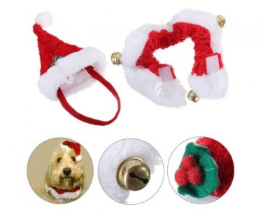 2pcs Christmas Pet Cat Dog Santa Hat Collar With Bell Christmas Costume Set
