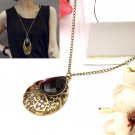 Retro Stone Water Drop Hollow Pendant Heart Necklace Chain