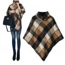 Button Check Woolen Turn Down Collar Women Cape Coat