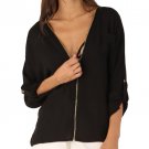 Black V Neck Backless Long Sleeve Zipper