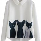 Cat Printed White Lapel Zipper Women Blouse
