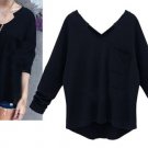 Plus Size Casual Loose Black Cashmere Long Sleeve V Neck T-Shirt
