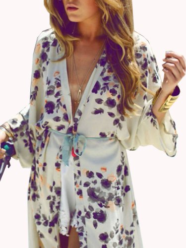 Women Plus Size Rendering Flower Long Chiffon Kimono Cardigan
