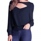 Casual Navy V Neck Women Chiffon Blouse