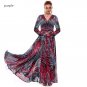 Casual Hot Floral Chiffon Deep V Neck Long Sleeve Maxi Party Dress