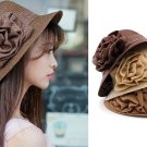 Women Summer Ruffle Flower Side Flip Bucket Cloche Beach Straw Hat