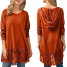 Simple Casual Summer Fashion Women Hooded Lace Splicing Lone Sleeve Shirts