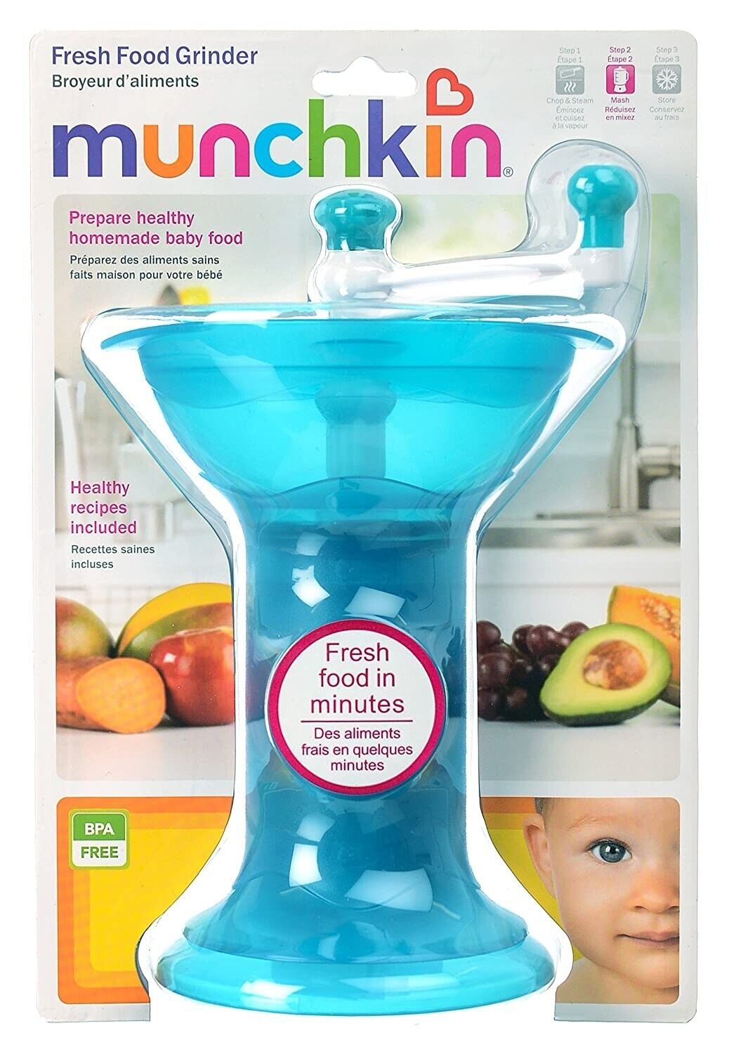 New MUNCHKIN Fresh Baby Food Masher/Grinder, BPA free, PUREE, Blue Portable