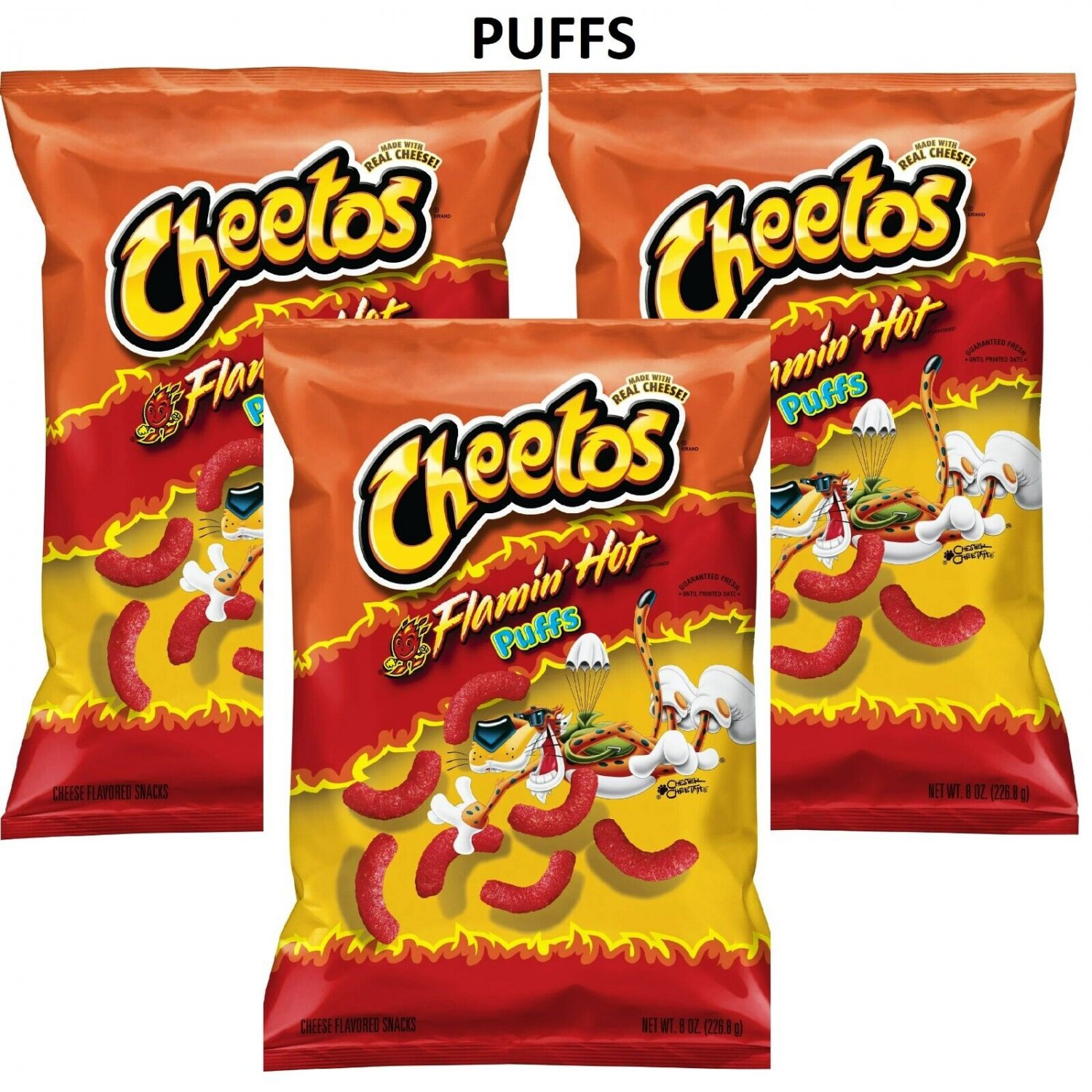 Cheetos Corn PUFFS FLAMIN' HOT Cheese Flavored Snacks 8oz - 3 Bags