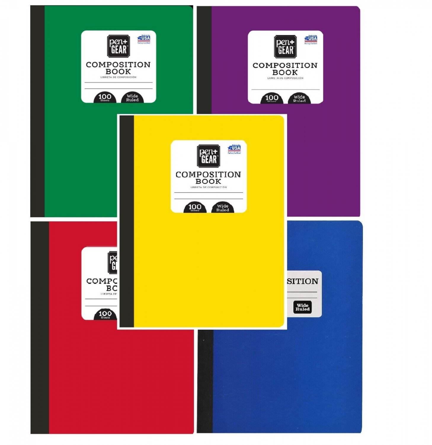 5 Composition Notebooks WIDE Ruled MULTI-Colored 100 Sheet Pen+Gear