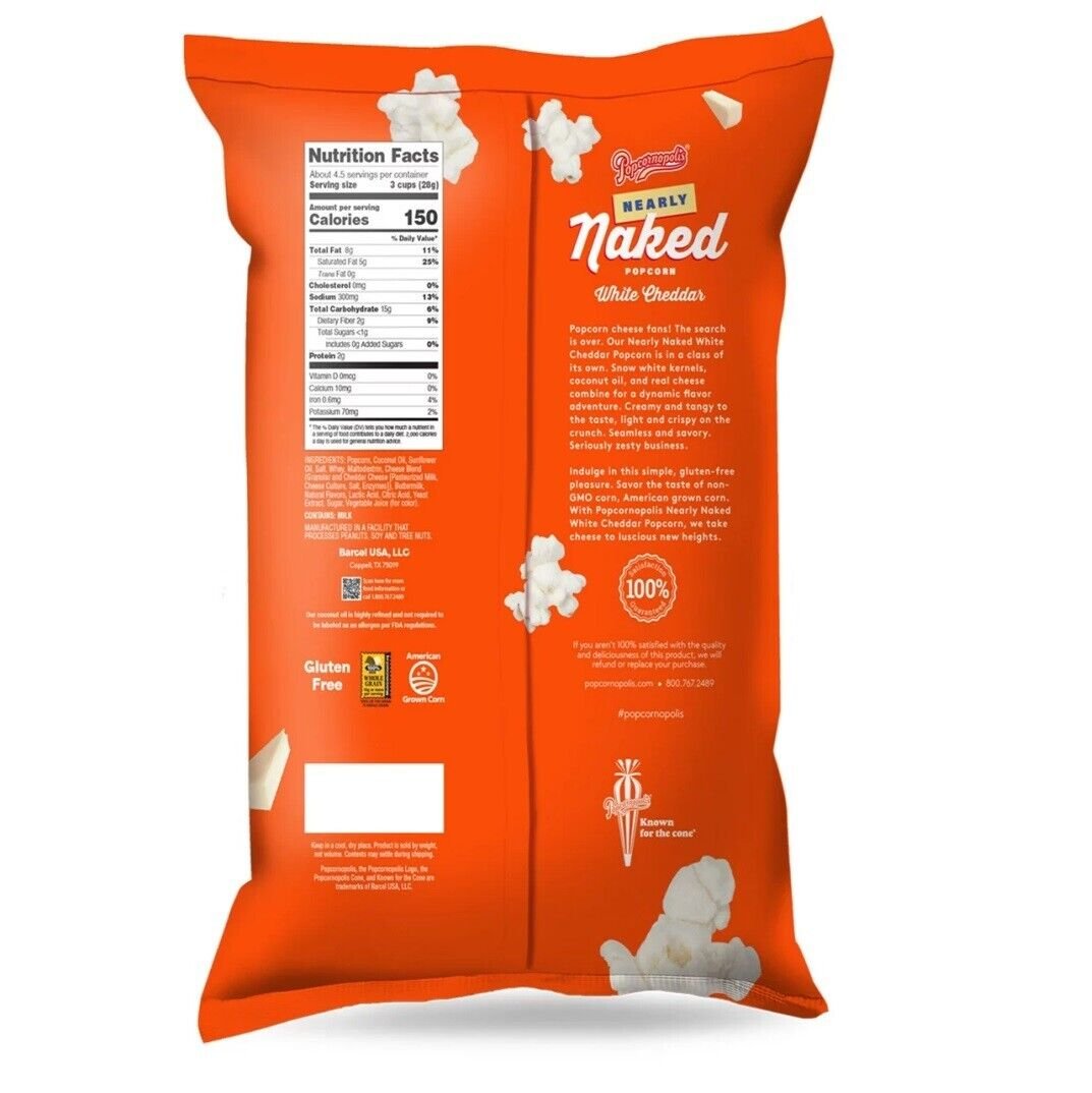 Popcornopolis Nearly Naked Gourmet Popcorn WHITE CHEDDAR Snack 4.5 oz 1 Bag