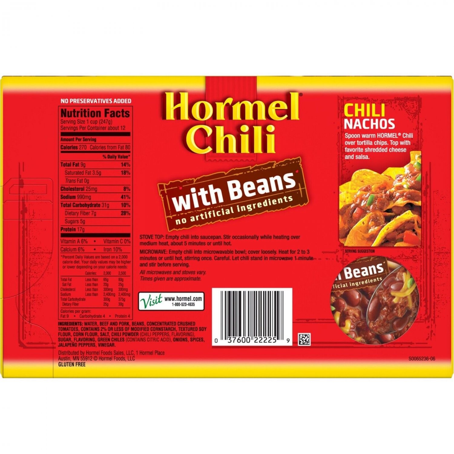 Hormel Chili With Beans 15oz No Artificial (6 Cans)