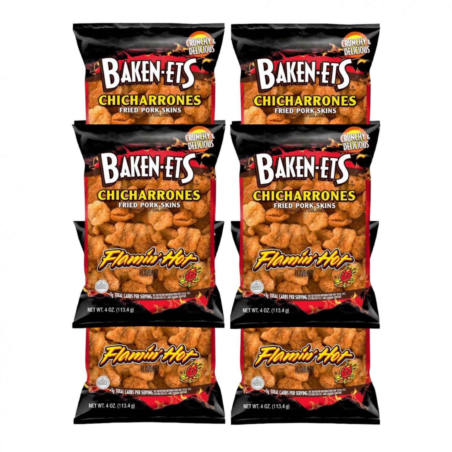 Baken-Ets Fried Pork Skins FLAMIN' HOT Chicharrones 4 Oz. (Pack of 6)