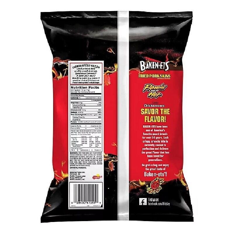 Baken-Ets Fried Pork Skins FLAMIN' HOT Chicharrones 4 Oz. (Pack of 6)