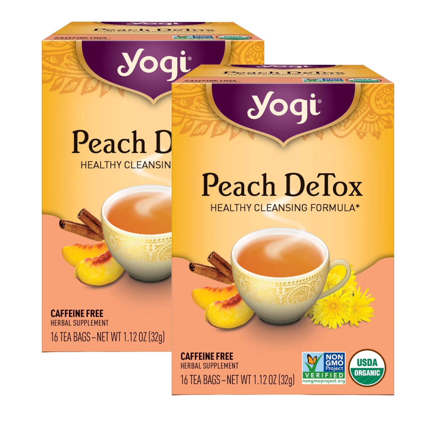 Yogi Tea PEACH DETOX Healthy Cleansing Formula 16 Bags Caffeine Free (2 Boxes)