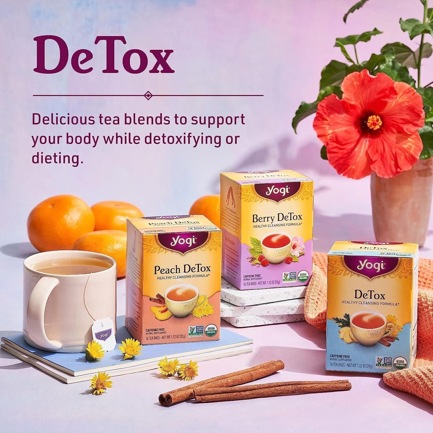 Yogi Tea PEACH DETOX Healthy Cleansing Formula 16 Bags Caffeine Free (2 Boxes)