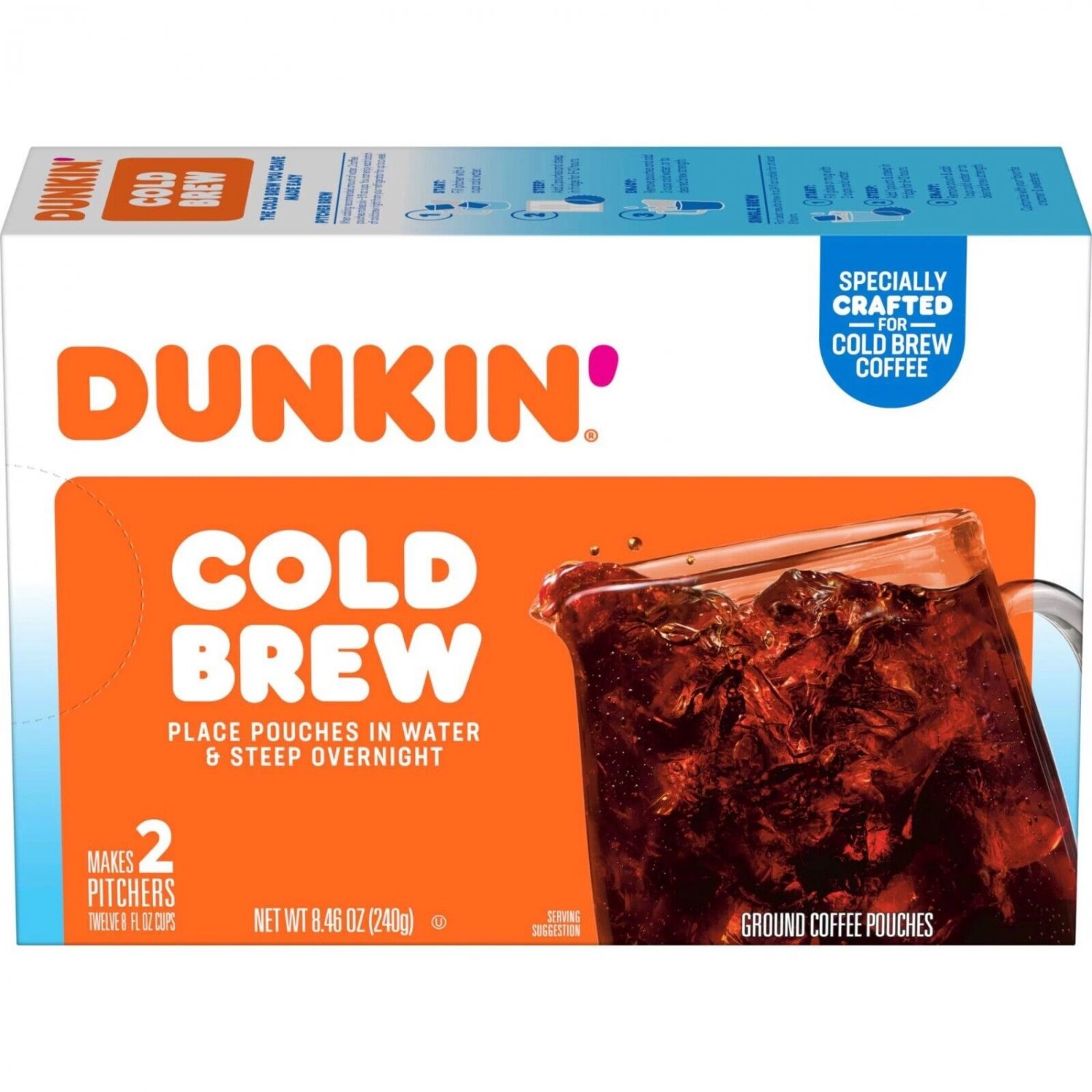 Dunkin Cold Brew Ground Coffee Packs, 8.46 oz. Makes 2 Pitchers 2 Boxes