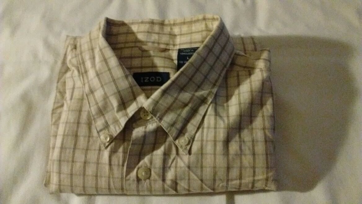 IZOD Button Up & Collared Earth Tone Plaid Large Short Sleeve Casual Dress Shirt